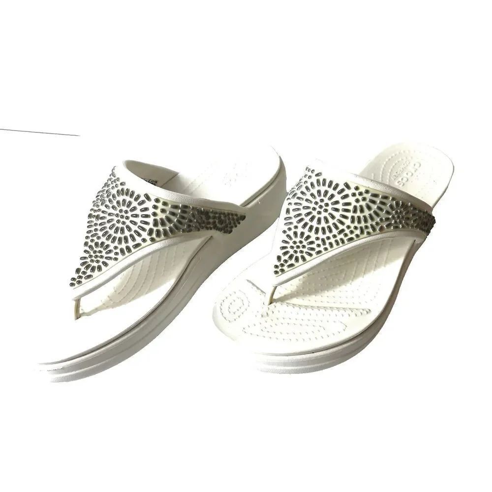 Crocs Dual Comfort Sandals Women's Sz 10 White Embellished Casual Thong Platform